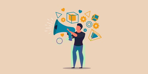 Man using technology and megaphone to tell better stories for wholesale B2B.