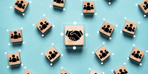 icon of shaking hands and connected groups of people to symbolize the respect between brands and retaielrs